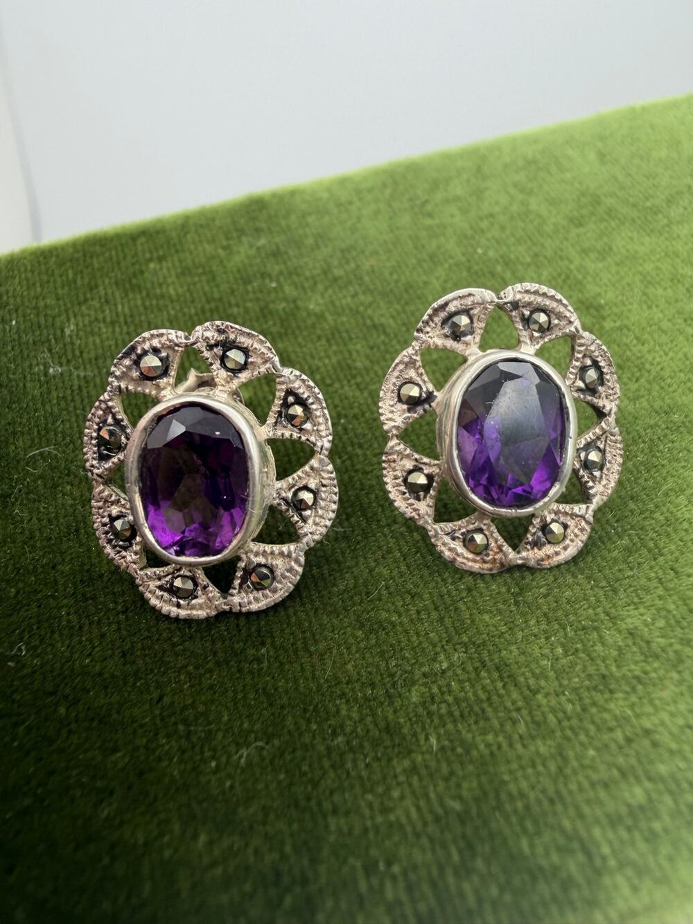 Vintage signed 925 silver luxury Marcasite large earrings with amethyst